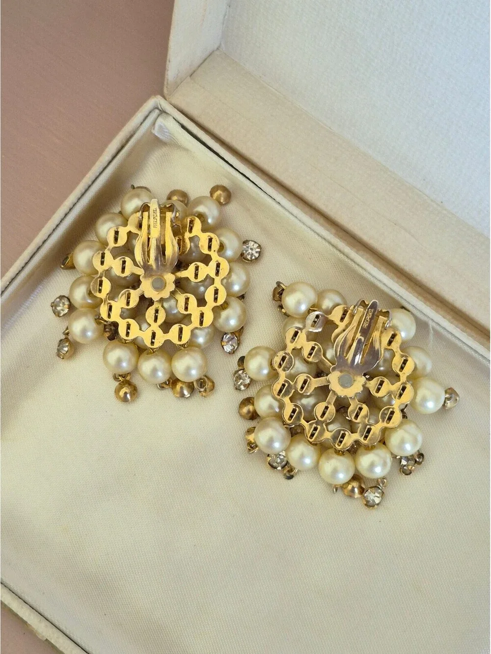 Vintage Pat Pend Starburst Faux Pearl Clip-On Earrings